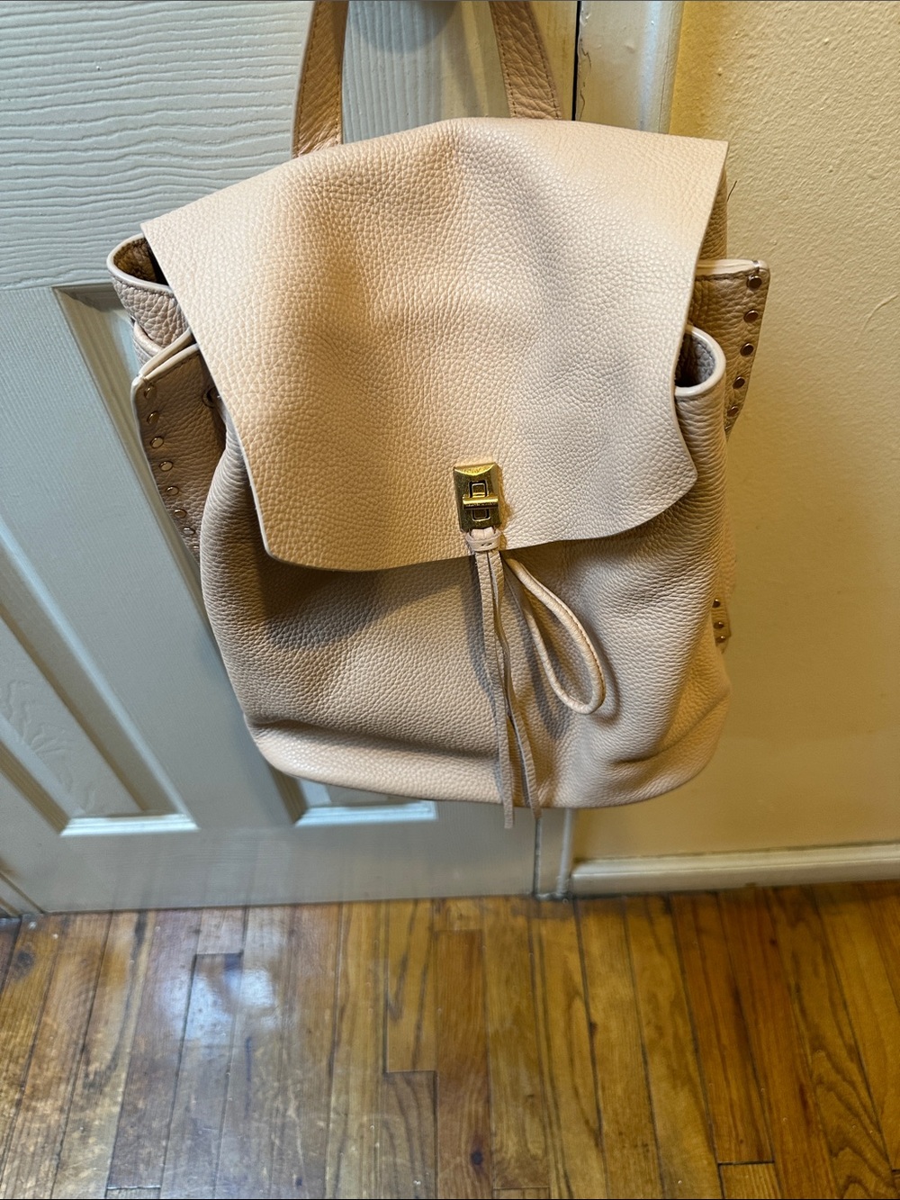 Rebecca Minkoff Pebbled Leather Drawstring Backpack in Light Beige